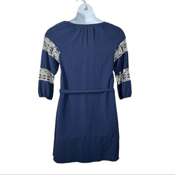 Anthropologie Octavia Embroidered Belted Boho Mini Dress Medium – Blue & White - Picture 6 of 11